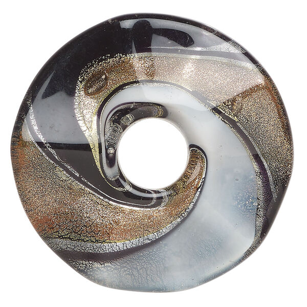 Focal, lampworked glass 1pkg1, opaque black / white / copper-colored glitter, 47mm undrilled single-sided wavy donut. image number 0