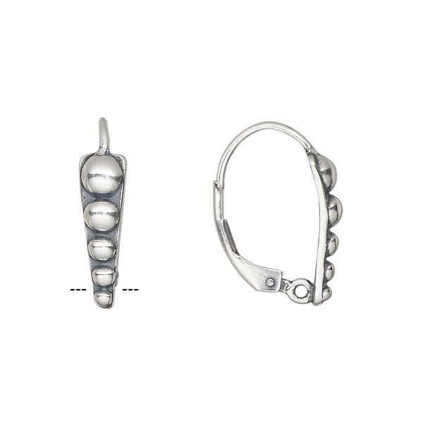 Ear wire, antiqued sterling silver, 19mm leverback with 16x5mm beaded and closed loop. Sold per pair. image number 0