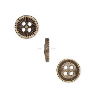 Button, antiqued brass-finished "pewter" (zinc-based alloy), 11.5mm single-sided corrugated round. Sold per pkg of 50.