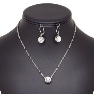 Necklace and earring set, glass / imitation rhodium-plated brass / steel / "pewter" (zinc-based alloy), clear, 6mm round, 15" to 16" necklace with 2-inch extender chain and lobster claw clasp, 25mm earrings with leverback ear wire. Sold per set.