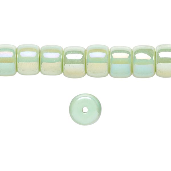 Bead, glass, opaque pale green rainbow, 8x6mm barrel. Sold per 15-1/2 to 16-inch strand. image number 0
