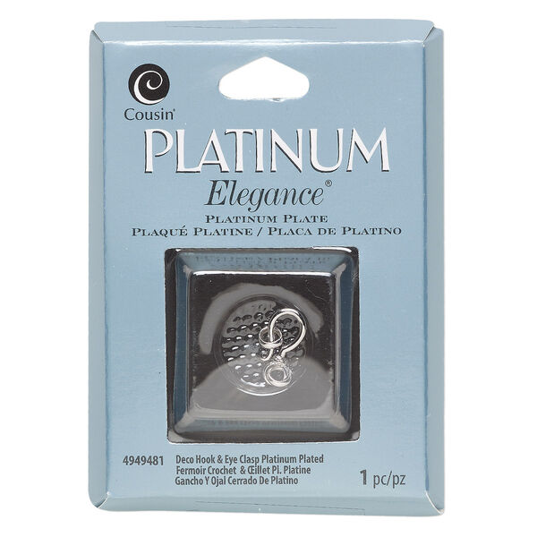 Clasp, hook-and-eye, platinum-plated copper, 15x8.5mm with (2) 5mm jump rings. Sold individually. image number 0