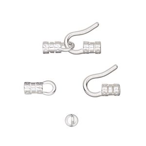 Clasp hook&eye 1pkg10 silver-plated, 18.5x9.5mm / crimp end / fits up to 2.5mm cord, brass 1-strand