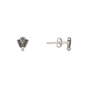 Marcasite / sterling silver 1pkg2, 3-bar earstud / closed loop / earnut natural 7x6mm
