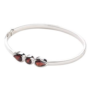 Bracelet, hinged bangle, garnet (natural) and sterling silver, 8mm wide with 6mm round and 9x6mm pear, 6-1/2 inches with safety latch. Sold individually.