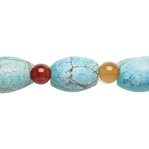 Bead mix, "turquoise" (imitation) resin and multi-gemstone (natural / dyed), light blue and light teal green, 5-7mm round and 14x9mm-14x11mm oval. Sold per pkg of 7. image number 0