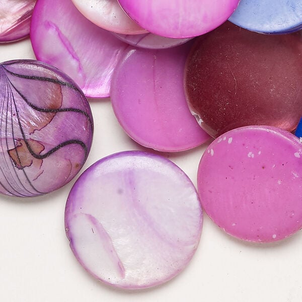 Mother-of-pearl shell 1pkg6oz, puffed flat round bead mix multi-purple 17-20mm image number 0