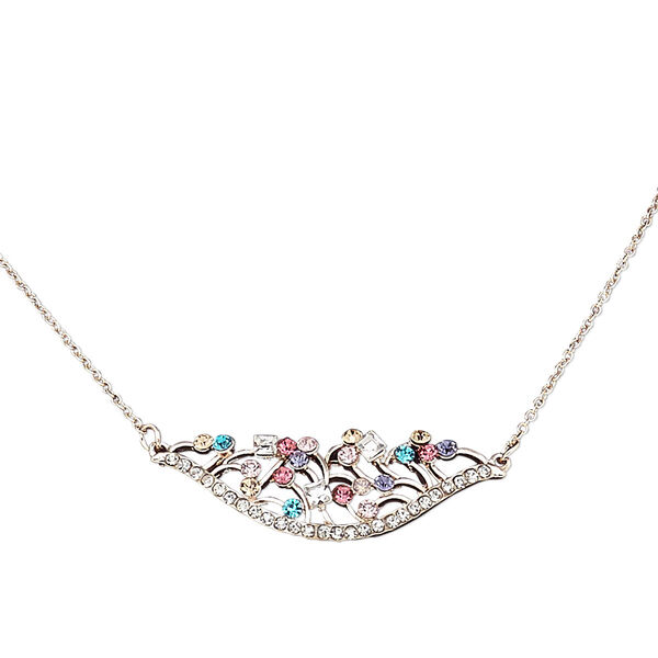 Necklace, glass rhinestone / rose gold-coated plastic / rose gold-finished steel / "pewter" (zinc-based alloy), multicolored, 50x16mm nest, 16 inches with 2-1/2 inch extender chain and lobster claw clasp. Sold individually. image number 0