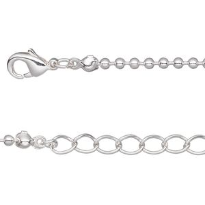 Chain, silver-plated brass, 2mm ball, 7-1/2 inches with 1-1/4 inch extender chain and lobster claw clasp. Sold per pkg of 6.
