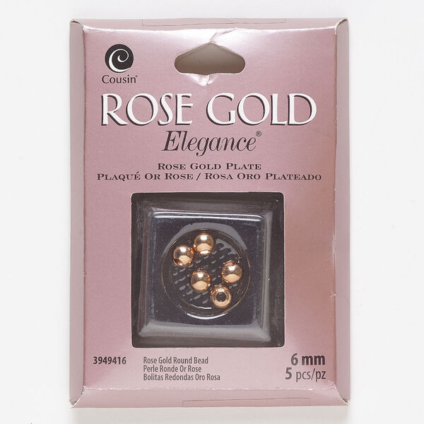 Bead, lacquer and rose gold-plated copper, 6mm round. Sold per pkg of 5. image number 0