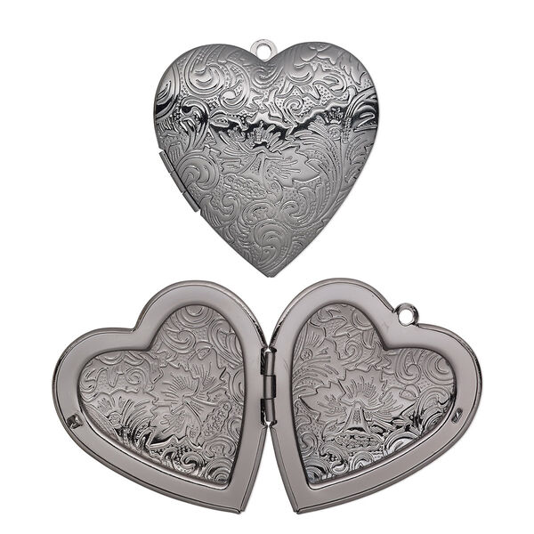 Focal, gunmetal-plated brass, 42x40mm double-sided heart locket with etched flower and scroll design. Sold individually. image number 0