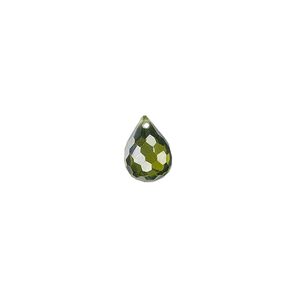 Bead, cubic zirconia, olive green, 10x7mm top-drilled faceted teardrop, Mohs hardness 8-1/2. Sold per pkg of 2.