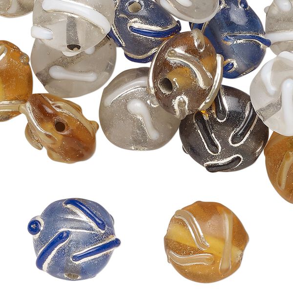 Bead mix, lampworked glass, translucent mixed colors, 13mm puffed flat round with swirl design. Sold per 2-ounce pkg, approximately 35 beads. image number 0