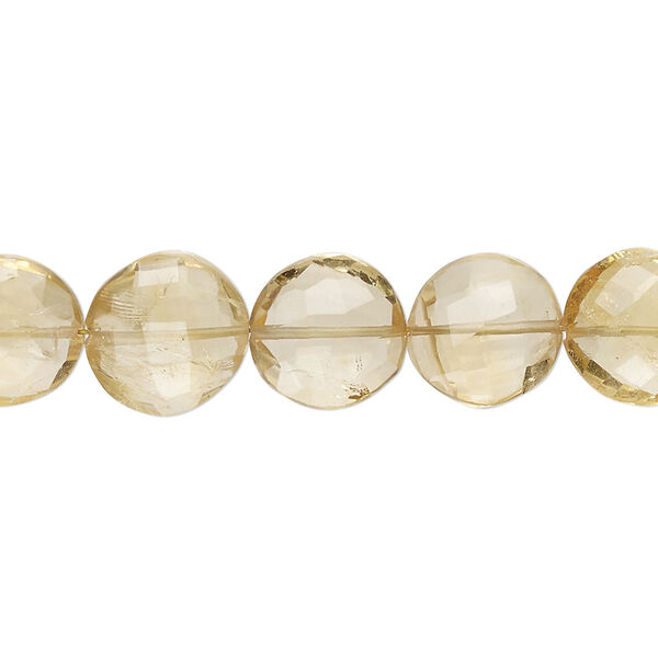 Bead, citrine (heated), light to medium, 10-12mm hand-cut checkerboard-faceted puffed flat round, B- grade, Mohs hardness 7. Sold per 8-inch strand. image number 0