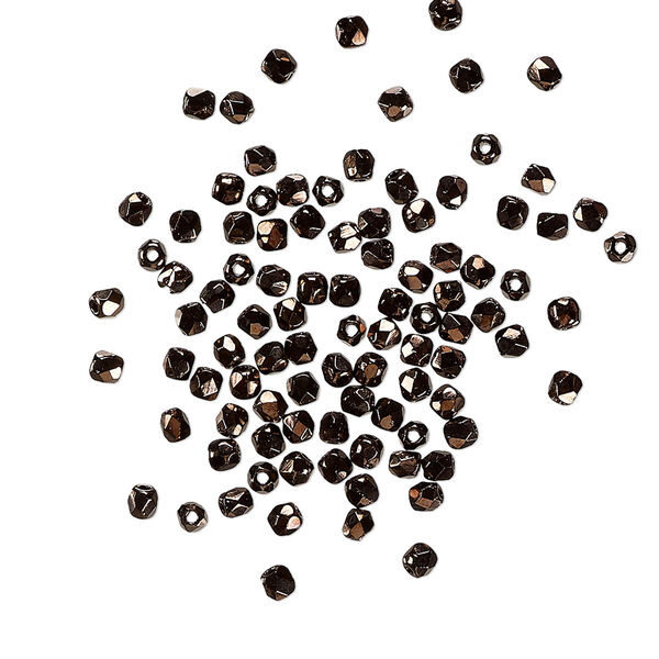 Czech fire-polished glass 1pkg100, faceted round bead opaque bronze jet 2mm image number 0