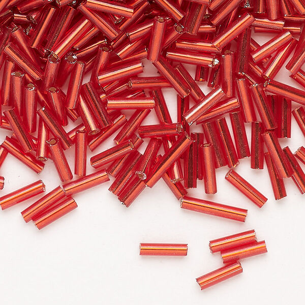 Bead, Ming Tree™, bugle bead, glass, pkg/1/4 pound, 1/4 inch, silver-lined translucent ruby red. image number 0