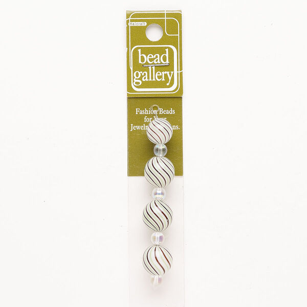 Bead 1pkg4 handblown glass, 12-15mm round / line design, assortment translucent purple / white / green image number 0