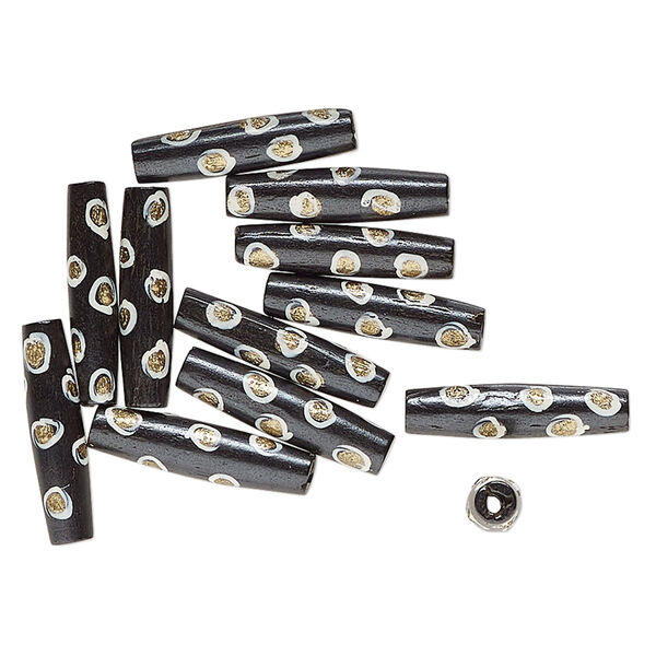 Bead, bone (dyed), black / white / gold, 25.5x8mm-24x7mm hand-painted tube with spotted design. Sold per pkg of 12. image number 0