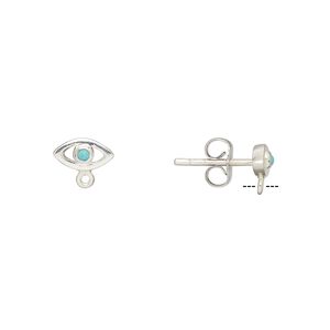 Earstud 1pkg2 sterling silver, 8x4mm evil eye / closed loop / earnuts, resin / "turquoise" 1 pair