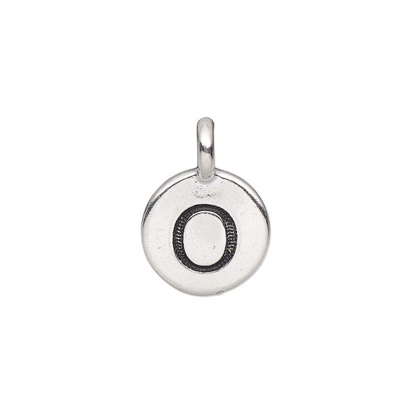 Drop, TierraCast®, antique silver-plated pewter (tin-based alloy), 11.5mm single-sided round with textured alphabet letter "O." Sold per pkg of 2. image number 0