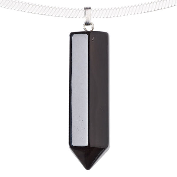 Pendant, black onyx (dyed) and silver-plated "pewter" (zinc-based alloy), 43x12mm point. Sold individually. image number 0