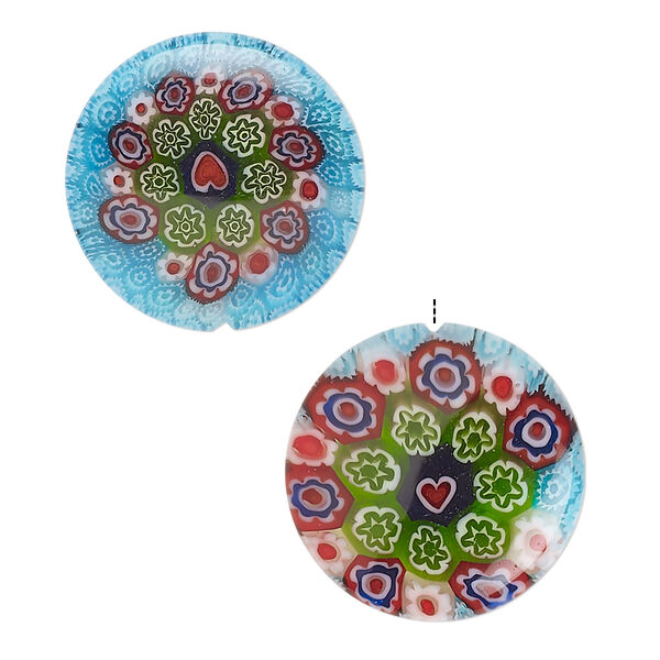 Bead, millefiori glass, translucent mixed colors, 20mm half-drilled puffed flat round with flower and heart design, 0.6-0.8mm hole. Sold per pkg of 2. image number 0