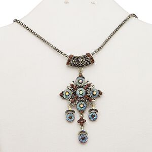 Necklace, resin / glass rhinestone / antique brass-plated steel / "pewter" (zinc-based alloy), peacock AB and dark orange, 3-1/4 inch dangle with fancy floral design, 18 inches with 2-inch extender chain and lobster claw clasp. Sold individually.