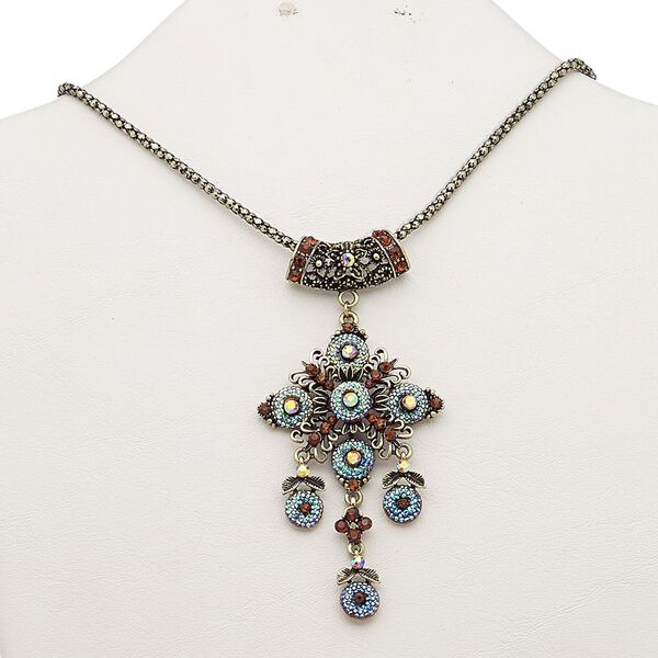 Necklace, resin / glass rhinestone / antique brass-plated steel / "pewter" (zinc-based alloy), peacock AB and dark orange, 3-1/4 inch dangle with fancy floral design, 18 inches with 2-inch extender chain and lobster claw clasp. Sold individually. image number 0