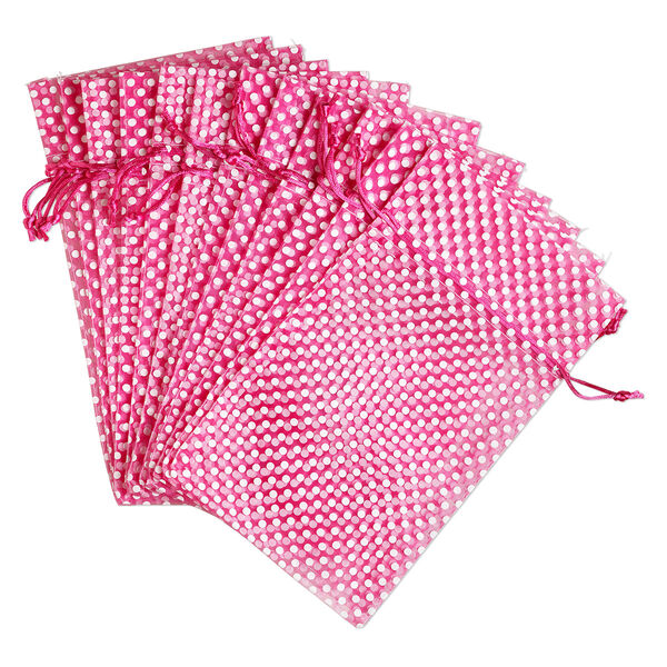 Pouch, organza, hot pink and white, 10x6 inches with dots pattern and drawstring closure. Sold per pkg of 12. image number 0