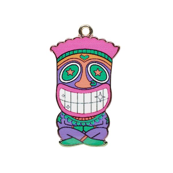 Focal, resin and gold-finished "pewter" (zinc-based alloy), pink / green / purple, 31x19.5mm single-sided tiki. Sold individually. image number 0