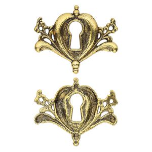 Focal, antique gold-finished "pewter" (zinc-based alloy), 37.5x30.5mm single-sided key hole with 2 loops. Sold per pkg of 4.