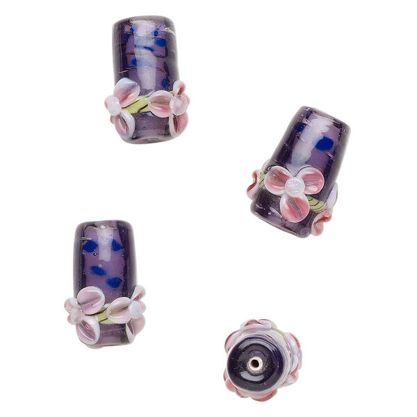 Bead, lampworked glass 1pkg4, multicolored, 24x16mm tube bead with flowers. image number 0