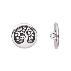 Button, TierraCast®, antique silver-plated pewter (tin-based alloy), 16mm flat round with bird in a tree and loop. Sold per pkg of 20.