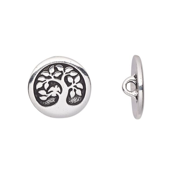 Button, TierraCast®, antique silver-plated pewter (tin-based alloy), 16mm flat round with bird in a tree and loop. Sold per pkg of 20. image number 0