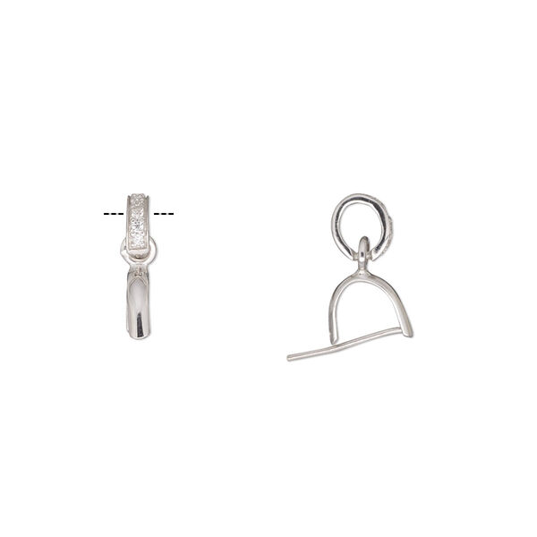 Bail, rhodium-plated sterling silver and cubic zirconia, clear, 12x2mm with loop, 4mm grip length. Sold individually. image number 0
