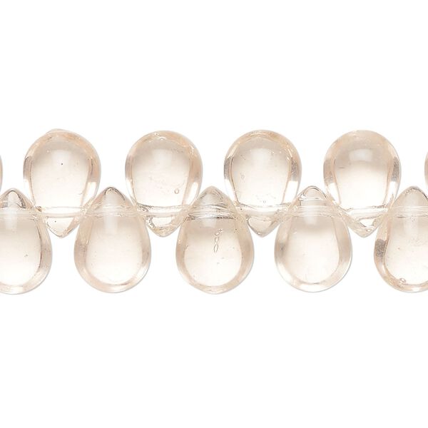 Bead, glass, transparent light blush, 11x8mm top-drilled puffed teardrop. Sold per 10-inch strand, approximately 45 beads. image number 0