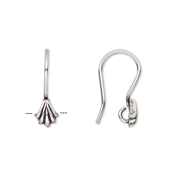 Ear wire, antiqued sterling silver, 18mm fishhook with corrugated shell and open loop, 18-20 gauge. Sold per pkg of 3 pairs. image number 0
