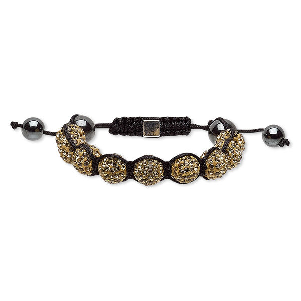 Bracelet, Hemalyke™ (man-made) / glass rhinestone / nylon / polymer clay / silver-plated "pewter" (zinc-based alloy), black / gold / champagne, 12mm round, adjustable from 5-1/2 to 8 inches with macramé knot closure. Sold individually. image number 0
