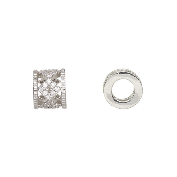 Bead, cubic zirconia and silver-finished brass, clear, 9.5x8mm cylinder with cutout diamond design. Sold individually. image number 0