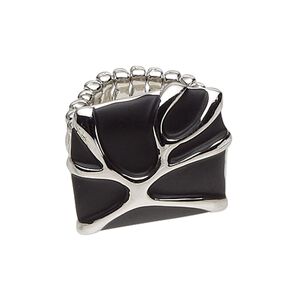 Ring, stretch,  enamel and rhodium-plated "pewter" (zinc-based alloy), matte black, 24x23mm square, size 7. Sold individually.