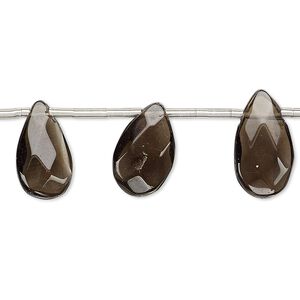 Smoky quartz 1pkg12, hand-cut top-drilled faceted puffed teardrop bead 12x7mm-16x9mm