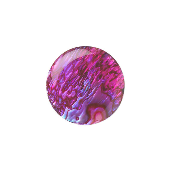 Cabochon, paua shell (coated / dyed), pink, 20mm calibrated round, Mohs hardness 3-1/2. Sold per pkg of 2. image number 0