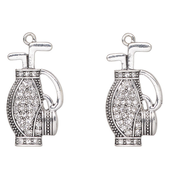Focal, antique silver-finished "pewter" (zinc-based alloy) and glass, clear, 33x18mm golf bag. Sold per pkg of 2. image number 0