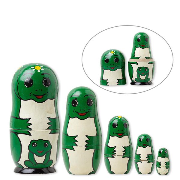 Nesting box, wood, multicolored, 1-1/4 x 1/2 to 5-1/2 x 2-1/4 inch hand-painted smiling frog. Sold per 5-piece set. image number 0