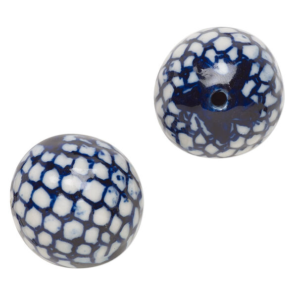 Bead, porcelain, blue and white, 28-29mm round with scale design and 2.5-2.7mm round. Sold per pkg of 2. image number 0