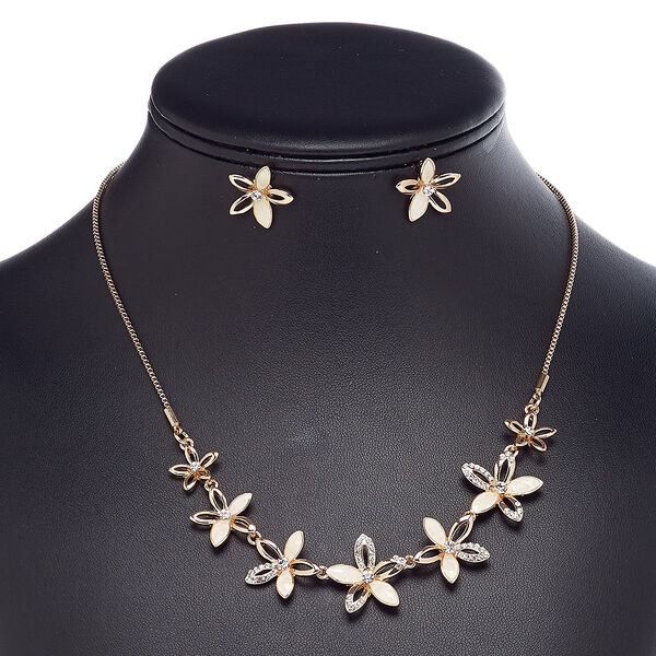 Necklace and earring set, Everyday Jewelry, crystals / enamel / rose gold-finished steel / brass / "pewter" (zinc-based alloy), white and crystal clear, 13mm-19x18mm flower, 18-inch necklace with 2-inch extender chain and lobster claw clasp, 17x16mm flower with post. Sold per set. image number 0