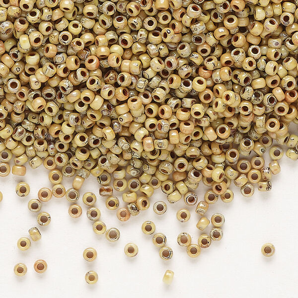 Seed bead, Miyuki, glass, pkg/25g, #11 rocaille, opaque Picasso yellow, (RR-4512). image number 0