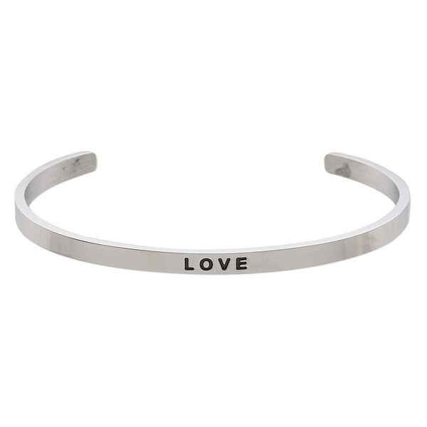 Bracelet, Everyday Jewelry, cuff, stainless steel, 4mm wide with "LOVE," 8 inches. Sold individually. image number 0