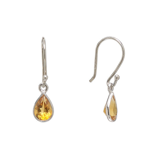 Earring, Create Compliments®, citrine (heated) and sterling silver, 23mm teardrop with fishhook ear wire, 21 gauge. Sold per pair. image number 0