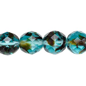 Bead, Czech fire-polished glass, pkg/15-1/2 to 16 inches, 12mm faceted round, black and turquoise blue, (68116).